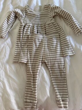 Quincy Mae Cream and Tan Striped Kids Matching Set